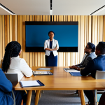 A group of diverse professionals, including individuals of Fijian and British descent, engaged in a collaborative discussion in a modern, sunlit conference room. They are wearing modest business attire, with some subtly incorporating traditional Fijian patterns. The room features elegant, minimalist decor, complemented by a few authentic Fijian woven art pieces on the walls. One person points to a detailed graph on a large screen, while others listen attentively. The atmosphere is one of respectful cross-cultural exchange and shared purpose. fully clothed, appropriate attire, safe for work, perfect anatomy, correct proportions, natural pose, well-formed hands, proper finger count, natural body proportions, professional dress, high-quality photograph, family-friendly, appropriate content.