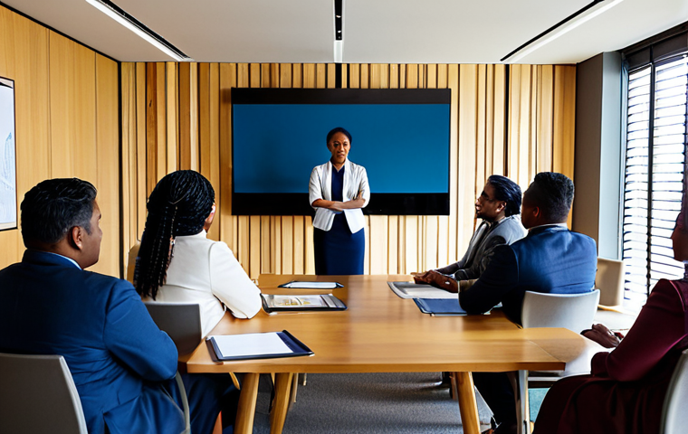 A group of diverse professionals, including individuals of Fijian and British descent, engaged in a collaborative discussion in a modern, sunlit conference room. They are wearing modest business attire, with some subtly incorporating traditional Fijian patterns. The room features elegant, minimalist decor, complemented by a few authentic Fijian woven art pieces on the walls. One person points to a detailed graph on a large screen, while others listen attentively. The atmosphere is one of respectful cross-cultural exchange and shared purpose. fully clothed, appropriate attire, safe for work, perfect anatomy, correct proportions, natural pose, well-formed hands, proper finger count, natural body proportions, professional dress, high-quality photograph, family-friendly, appropriate content.