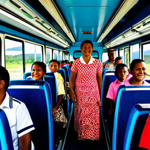 Home 14 Colorful Fijian Bus Ride**
"A vibrant and bustling scene inside a local Fijian bus, fully clothed passengers including families, school children, and musicians singing traditional songs, modest clothing, appropriate attire, safe for work, perfect anatomy, natural proportions, bright and cheerful colors, professional photography, high quality, family-friendly"
**
