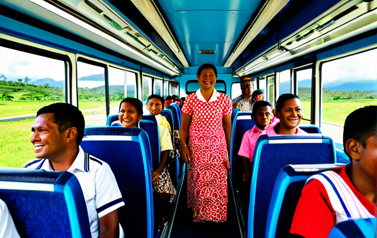 Colorful Fijian Bus Ride**
"A vibrant and bustling scene inside a local Fijian bus, fully clothed passengers including families, school children, and musicians singing traditional songs, modest clothing, appropriate attire, safe for work, perfect anatomy, natural proportions, bright and cheerful colors, professional photography, high quality, family-friendly"
**