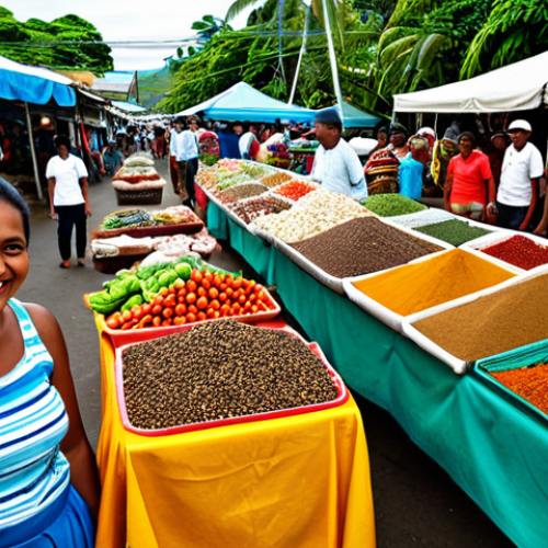 Home 5 피지와 몰디브 비교 - Vibrant Fijian Market**
"A bustling market scene in Suva, Fiji, filled with colorful textiles, exot...