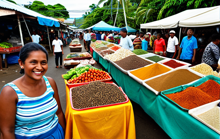 피지와 몰디브 비교 - Vibrant Fijian Market**
"A bustling market scene in Suva, Fiji, filled with colorful textiles, exot...