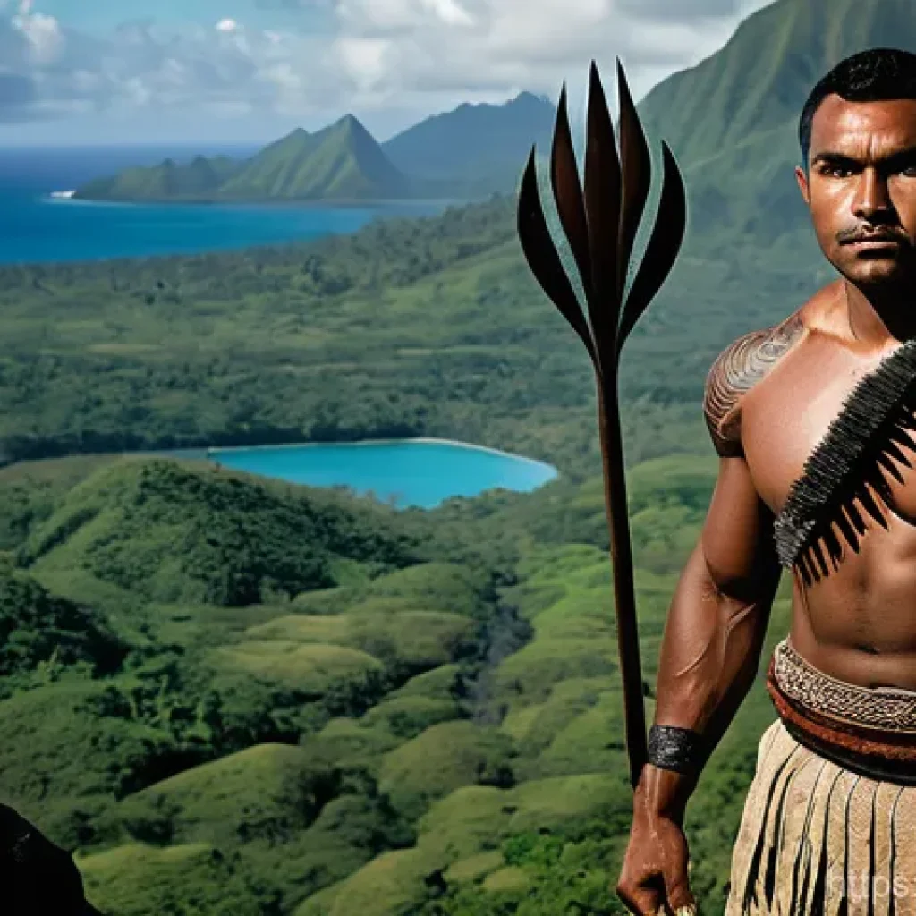 피지 부족 간 전쟁 역사 - A powerful Fijian warrior, in the prime of his life, stands defiantly on a rugged, volcanic outcrop ...