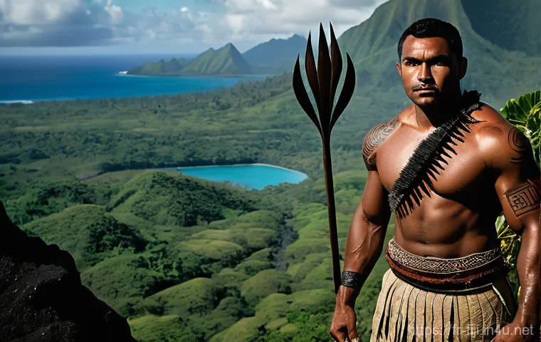피지 부족 간 전쟁 역사 - A powerful Fijian warrior, in the prime of his life, stands defiantly on a rugged, volcanic outcrop ...