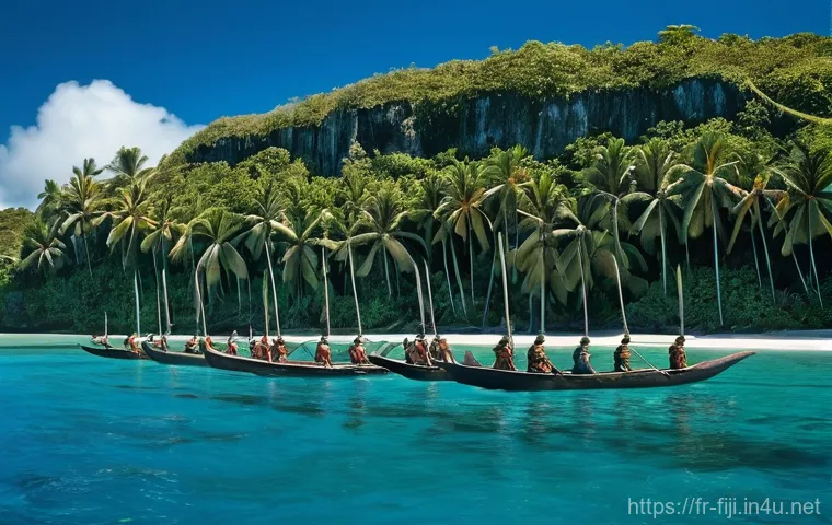 피지 부족 간 전쟁 역사 - An aerial view captures a fortified Fijian village, or "koro," ingeniously built into a verdant hill...