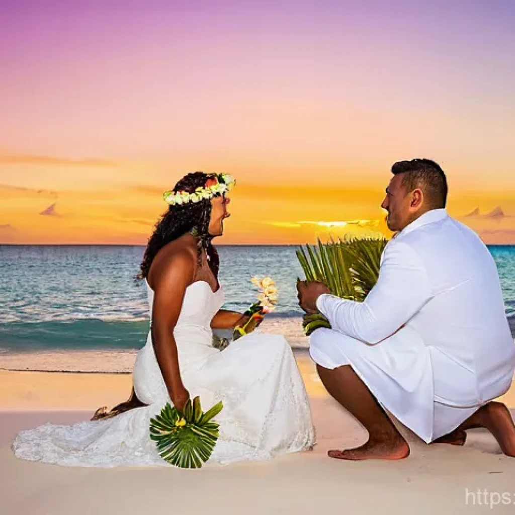 피지에서 결혼하는 법 - **A Romantic Fijian Sunset Beach Wedding**
A breathtaking wide shot of a couple exchanging vows ...
