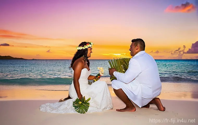 피지에서 결혼하는 법 - **A Romantic Fijian Sunset Beach Wedding**
    A breathtaking wide shot of a couple exchanging vows ...