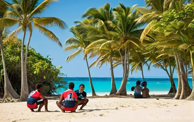 피지의 스포츠 문화 - **Fijian Rugby Sevens: Village Beach Game with "Bula Spirit"**
    A vibrant, sun-drenched scene on ...