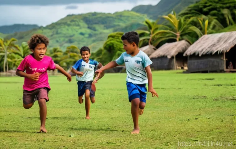 피지의 스포츠 문화 - **Fijian Rugby Sevens: Village Beach Game with "Bula Spirit"**
    A vibrant, sun-drenched scene on ...