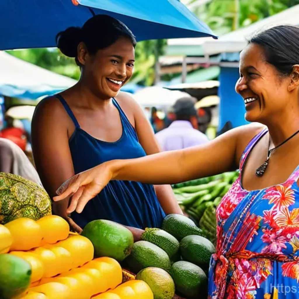 피지에서 영어 사용 가능 여부 - A joyful and bustling scene at a local outdoor market in Nadi, Fiji. A female tourist, mid-20s, with...