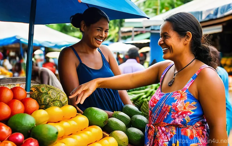 피지에서 영어 사용 가능 여부 - A joyful and bustling scene at a local outdoor market in Nadi, Fiji. A female tourist, mid-20s, with...