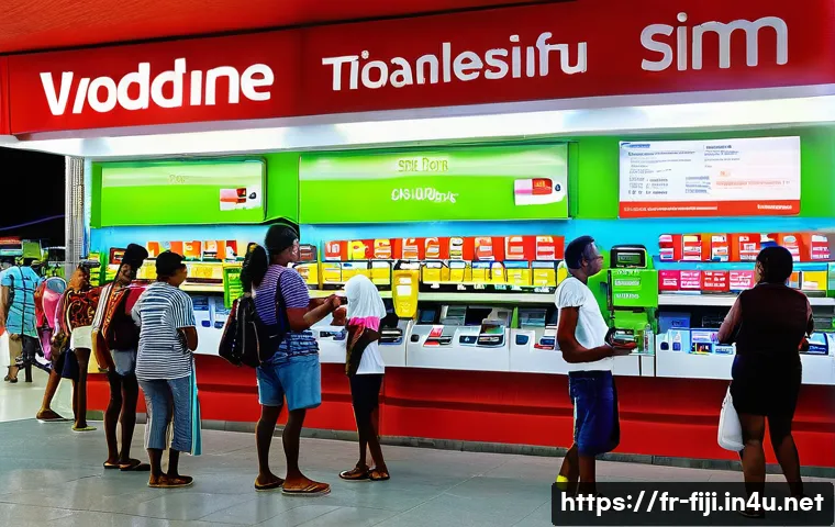 피지에서의 휴대폰 유심 구입 - A vibrant airport kiosk scene in Nadi, Fiji, showing a friendly local vendor assisting a diverse gro...