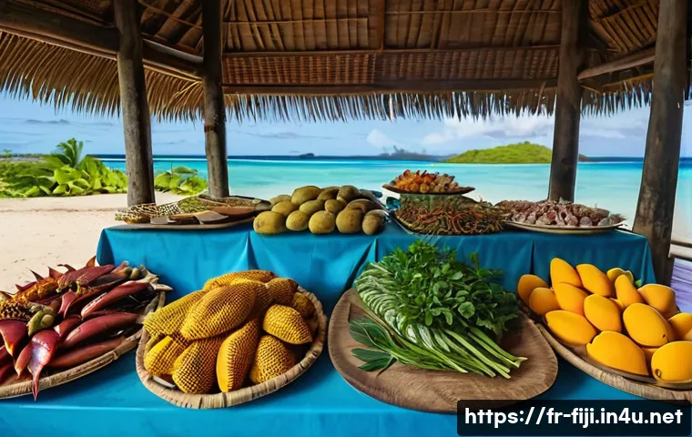 피지에서 추천하는 현지 음식 - A vibrant Fijian seaside market scene showcasing fresh local seafood: freshly grilled fish marinated...