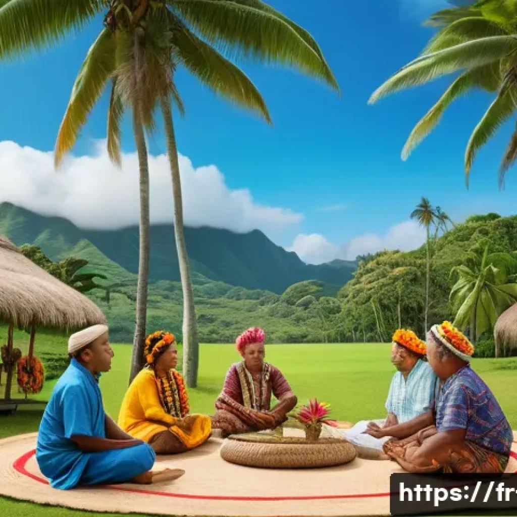 피지의 군사 쿠데타 역사 - A detailed, realistic scene depicting a traditional Fijian village meeting, featuring iTaukei chiefs...