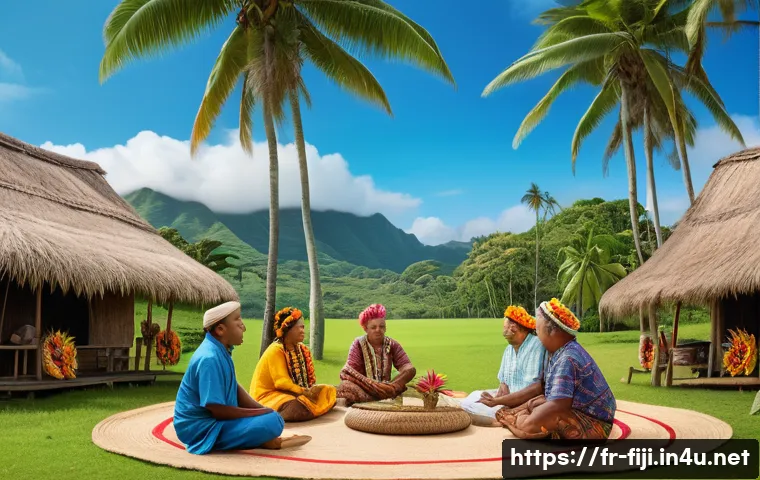 피지의 군사 쿠데타 역사 - A detailed, realistic scene depicting a traditional Fijian village meeting, featuring iTaukei chiefs...
