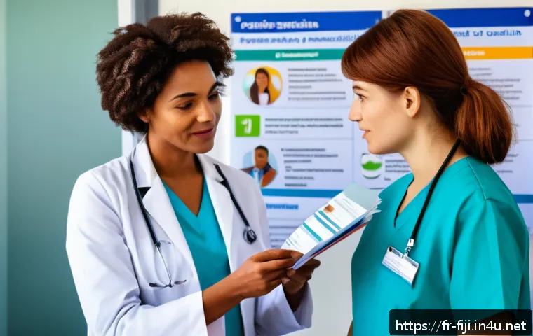 피지 여행 시 백신 접종 필요 여부 - A detailed travel health advisory scene showing a French traveler consulting a specialized vaccinati...