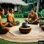 피지의 종교 및 신앙 - A traditional Fijian kava ceremony scene set outdoors at dusk, featuring a group of community member...