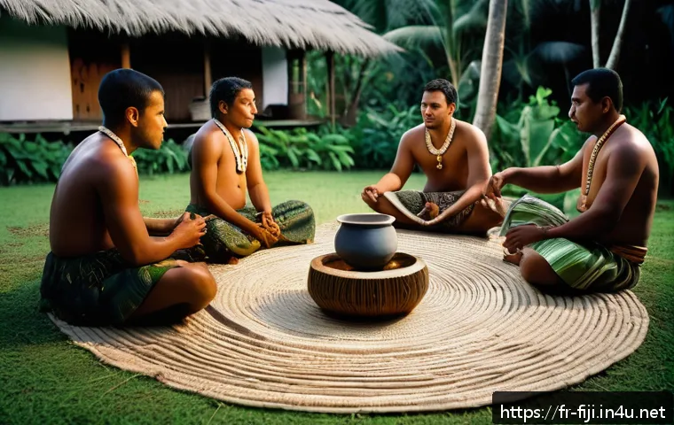 피지의 종교 및 신앙 - A traditional Fijian kava ceremony scene set outdoors at dusk, featuring a group of community member...