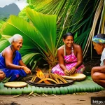 피지 전통 음식 로보 - A vibrant traditional Fijian feast scene outdoors with families and friends gathered around a dug ea...