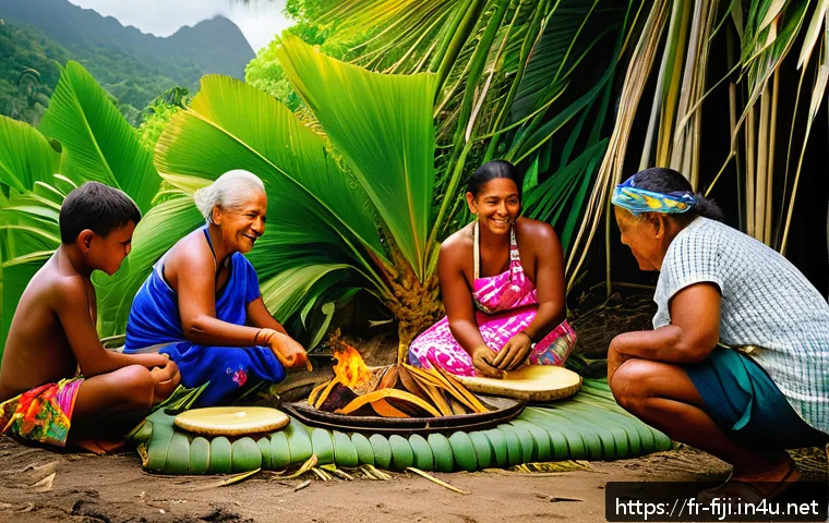피지 전통 음식 로보 - A vibrant traditional Fijian feast scene outdoors with families and friends gathered around a dug ea...