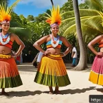피지 전통 춤 메케 - A vibrant traditional Fijian dance performance in an outdoor tropical setting during a cultural fest...