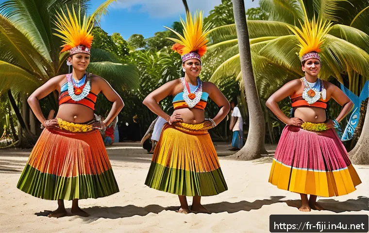 피지 전통 춤 메케 - A vibrant traditional Fijian dance performance in an outdoor tropical setting during a cultural fest...