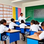 피지에서의 국제학교 - A vibrant multicultural classroom in Fiji featuring diverse children aged 8-12, wearing school unifo...