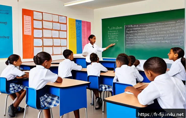 피지에서의 국제학교 - A vibrant multicultural classroom in Fiji featuring diverse children aged 8-12, wearing school unifo...