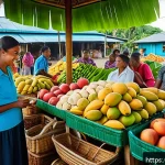 피지의 전통 시장 방문 - A vibrant tropical market scene at dawn in Fiji, featuring colorful stalls overflowing with fresh ex...
