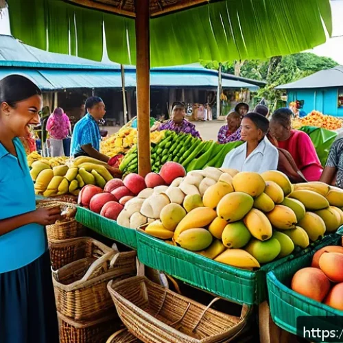 피지의 전통 시장 방문 - A vibrant tropical market scene at dawn in Fiji, featuring colorful stalls overflowing with fresh ex...