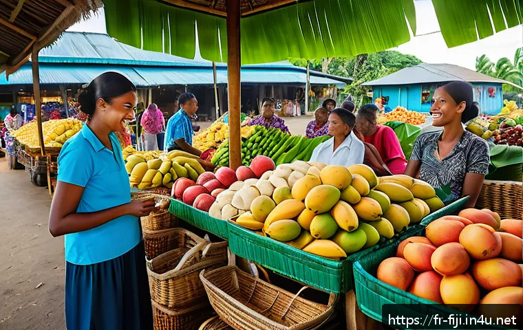 피지의 전통 시장 방문 - A vibrant tropical market scene at dawn in Fiji, featuring colorful stalls overflowing with fresh ex...